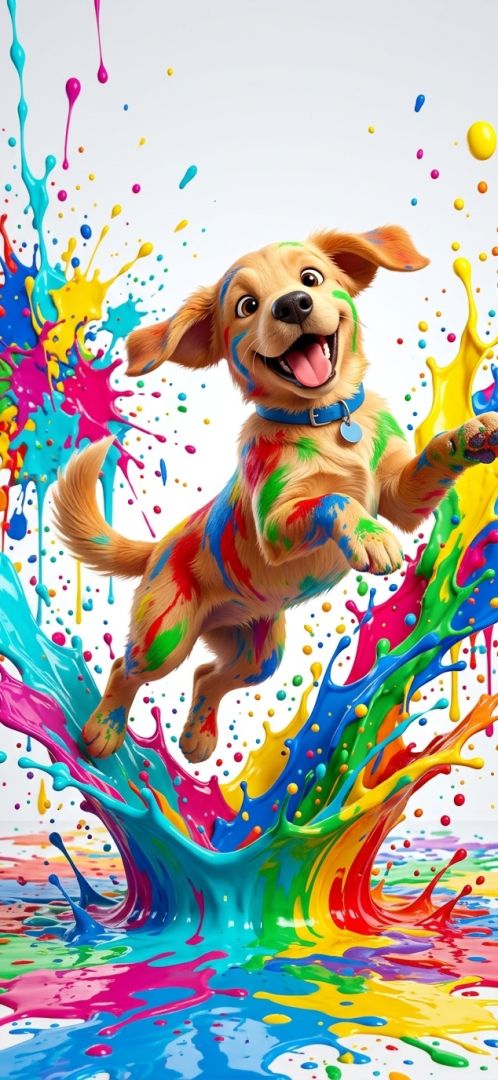 A playful 3D cartoon dog jumping in colorful paint splashes 3d  wallpaper wallpaper