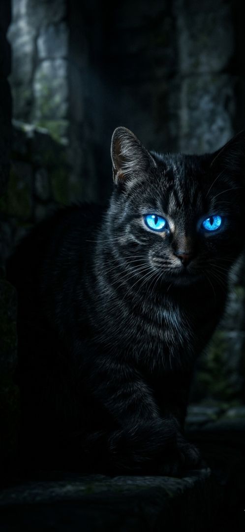 A realistic 3D cat with glowing blue eyes in dark shadows 3d  wallpaper wallpaper