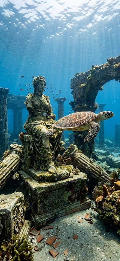 A sea turtle gliding peacefully near underwater ruins aquatic animals wallpaper