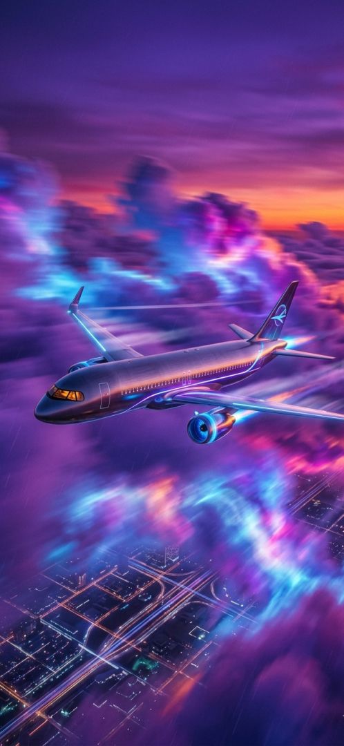 A sleek 3D airplane flying through neon clouds 3d  wallpaper wallpaper