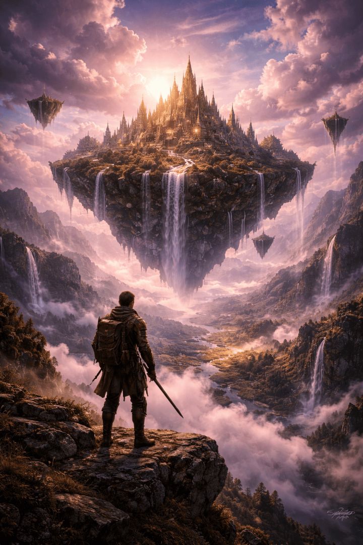 Adventurer gazes at floating city adventure wallpaper