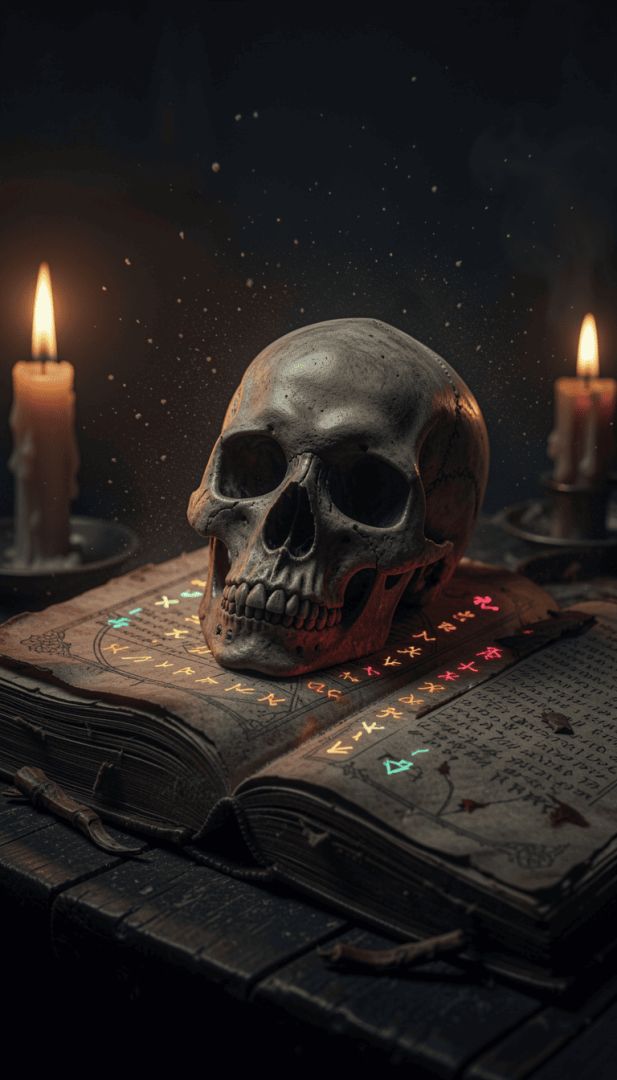 ancient-skull-resting-on-a-mysterious-old-spell horror wallpaper
