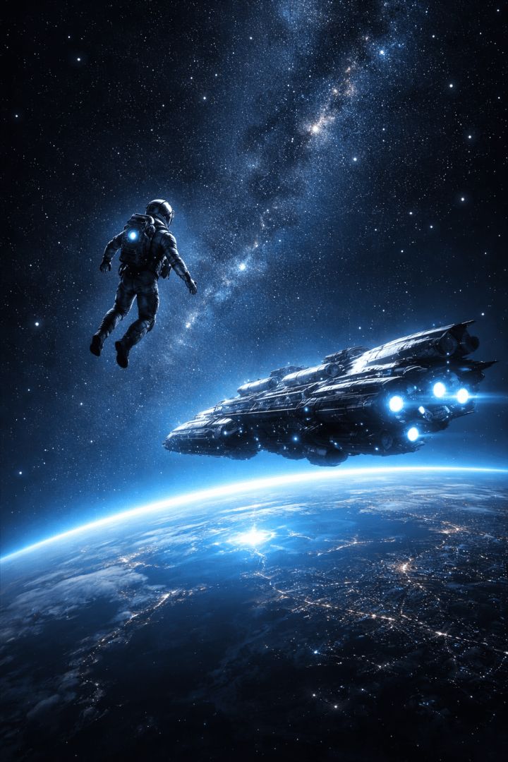 Astronaut and ship above Earth space wallpaper