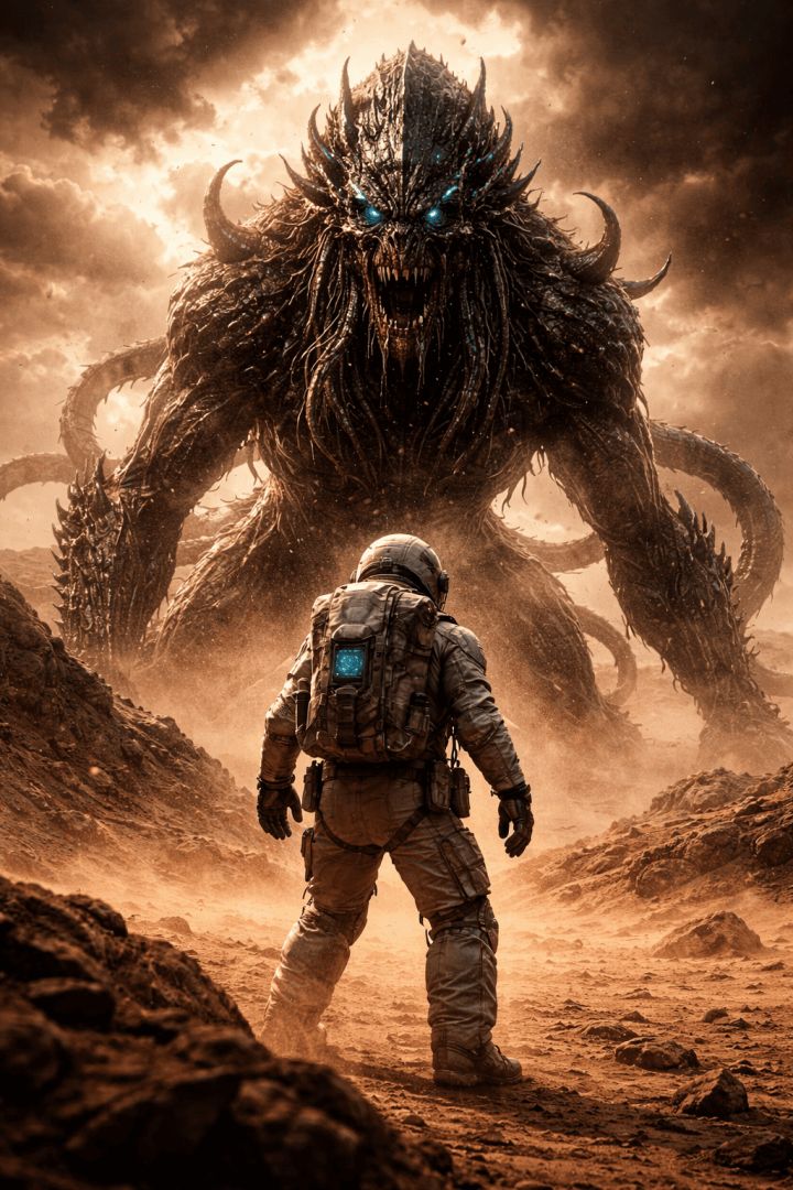 Astronaut faces alien giant in desert game wallpaper