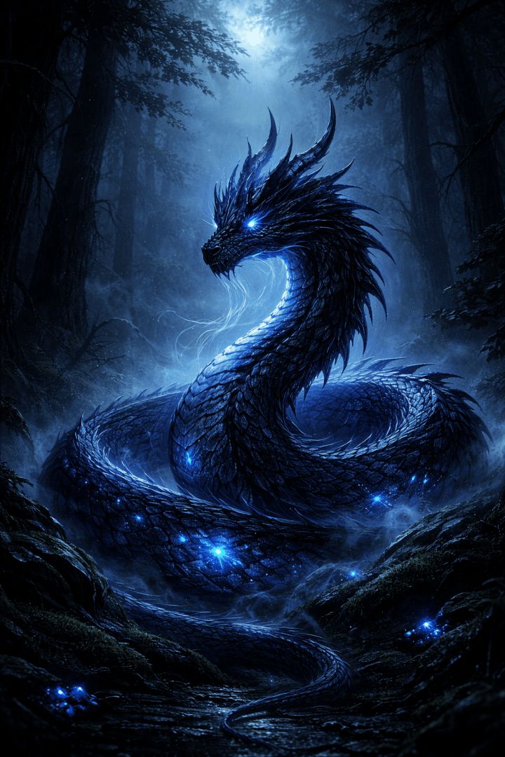 Blue dragon in a misty forest mythic creature wallpaper