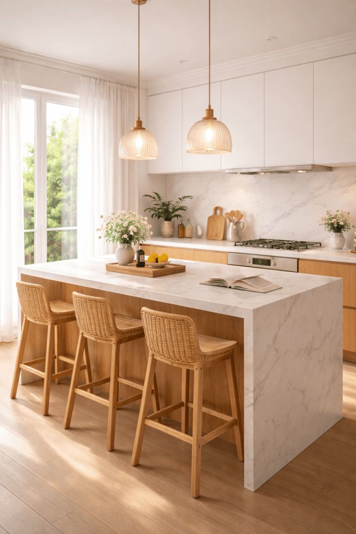 Bright and airy kitchen design calm wallpaper