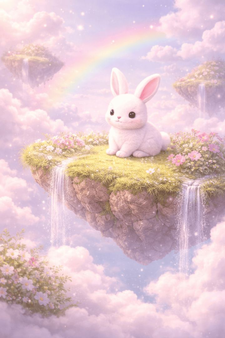 Bunny on a whimsical cloud island easter wallpaper wallpaper