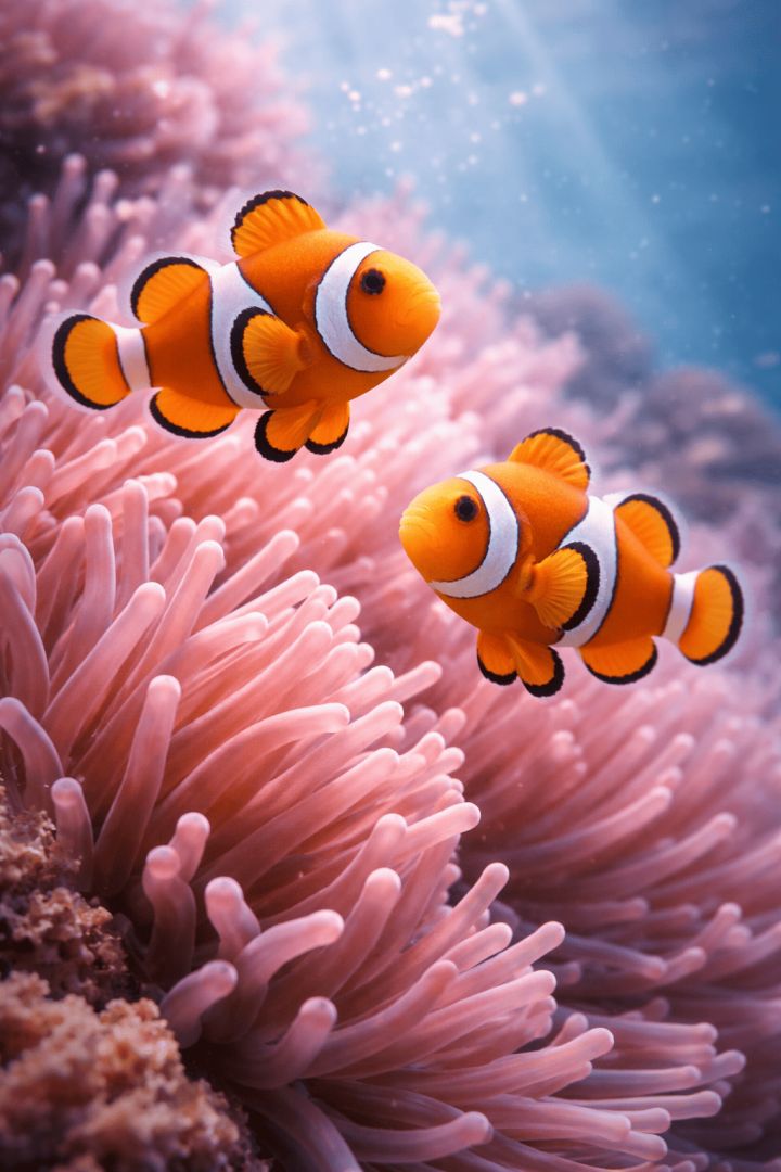 Colorful clownfish among sea anemones aquatic animals wallpaper