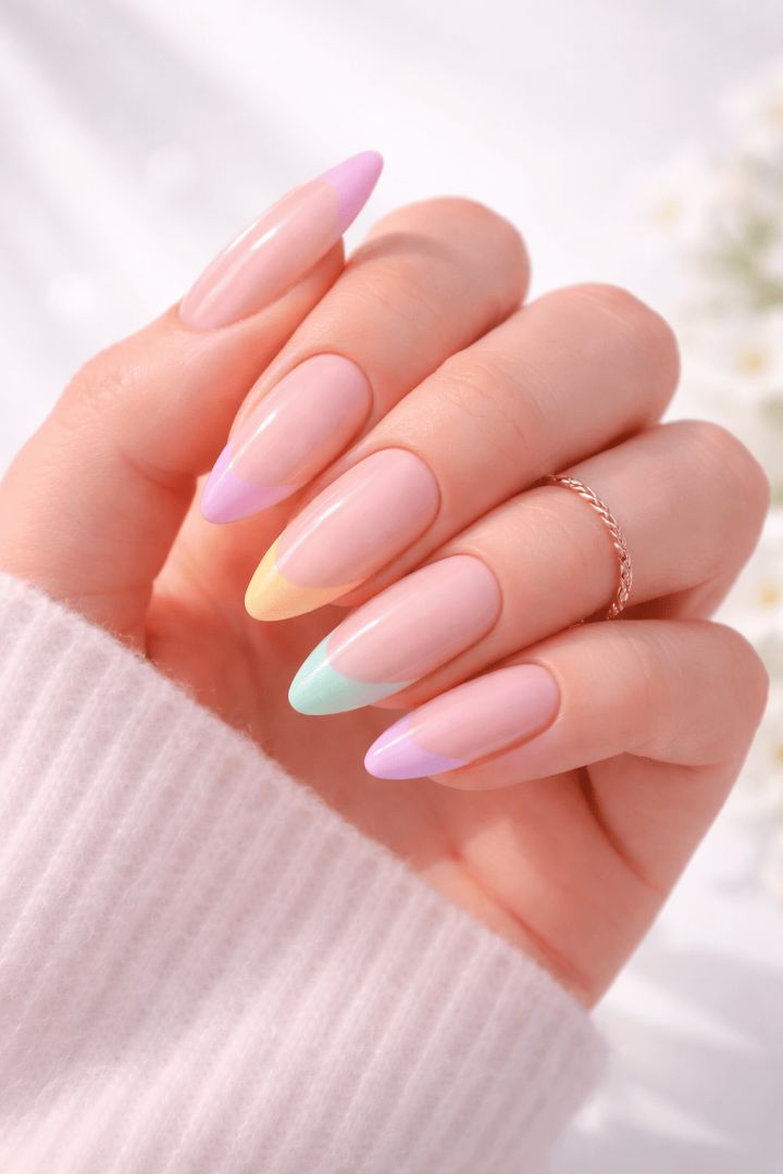 Colorful French tips with gold ring spring nails wallpaper