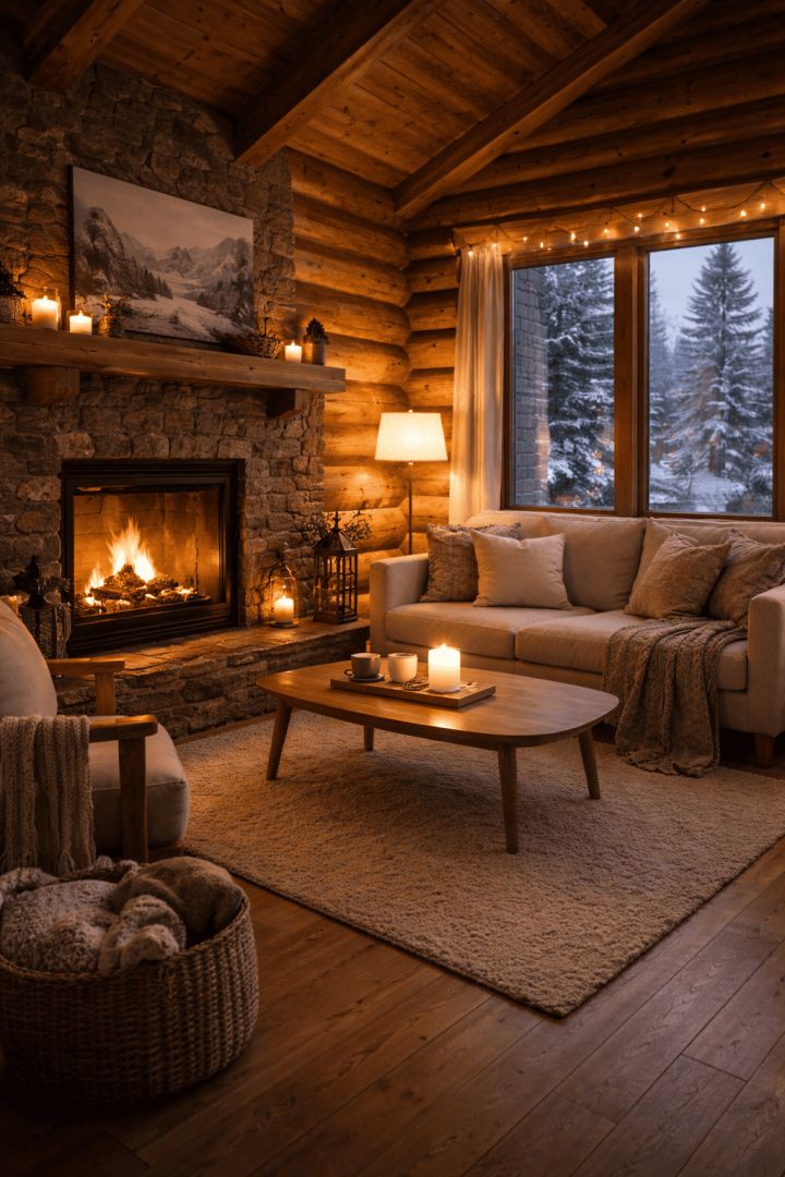 Cozy cabin living room by the fire calm wallpaper