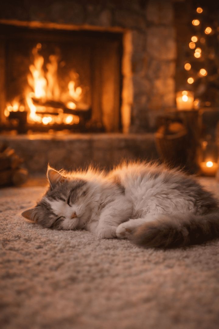 Cozy cat by the fireplace cat wallpaper