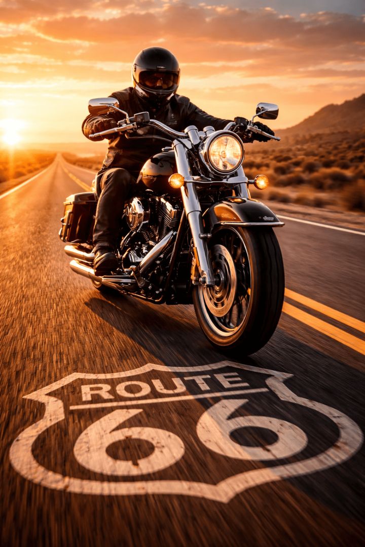Cruising down Route 66 at sunset bike wallpaper