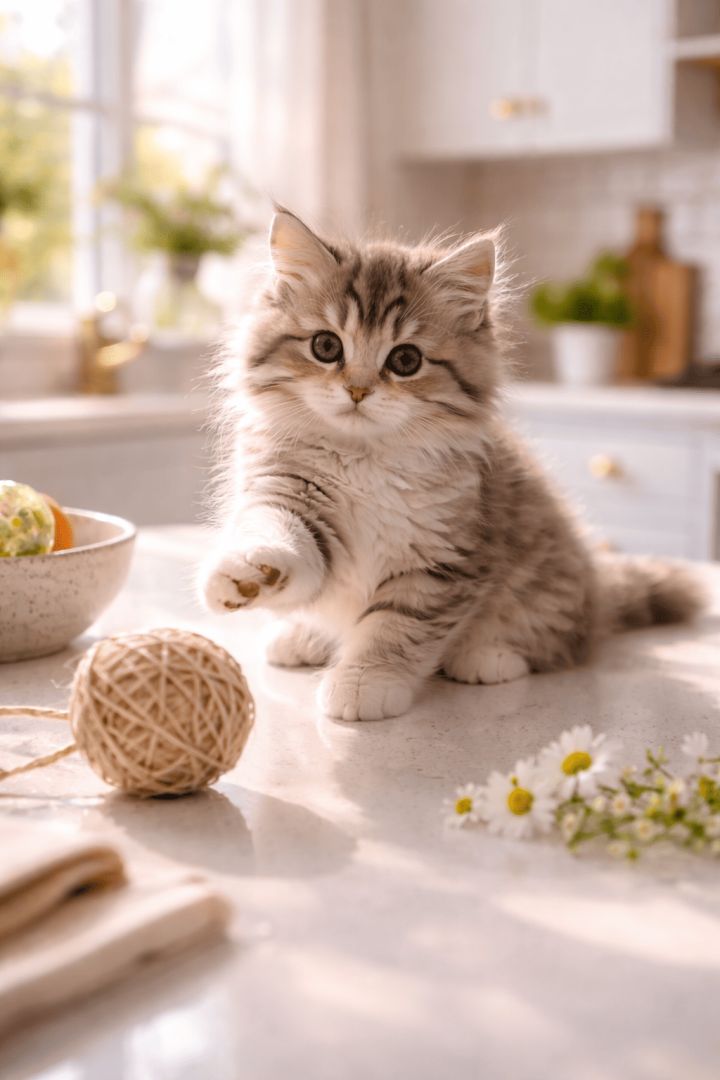 Curious kitten playing with twine ball cat wallpaper