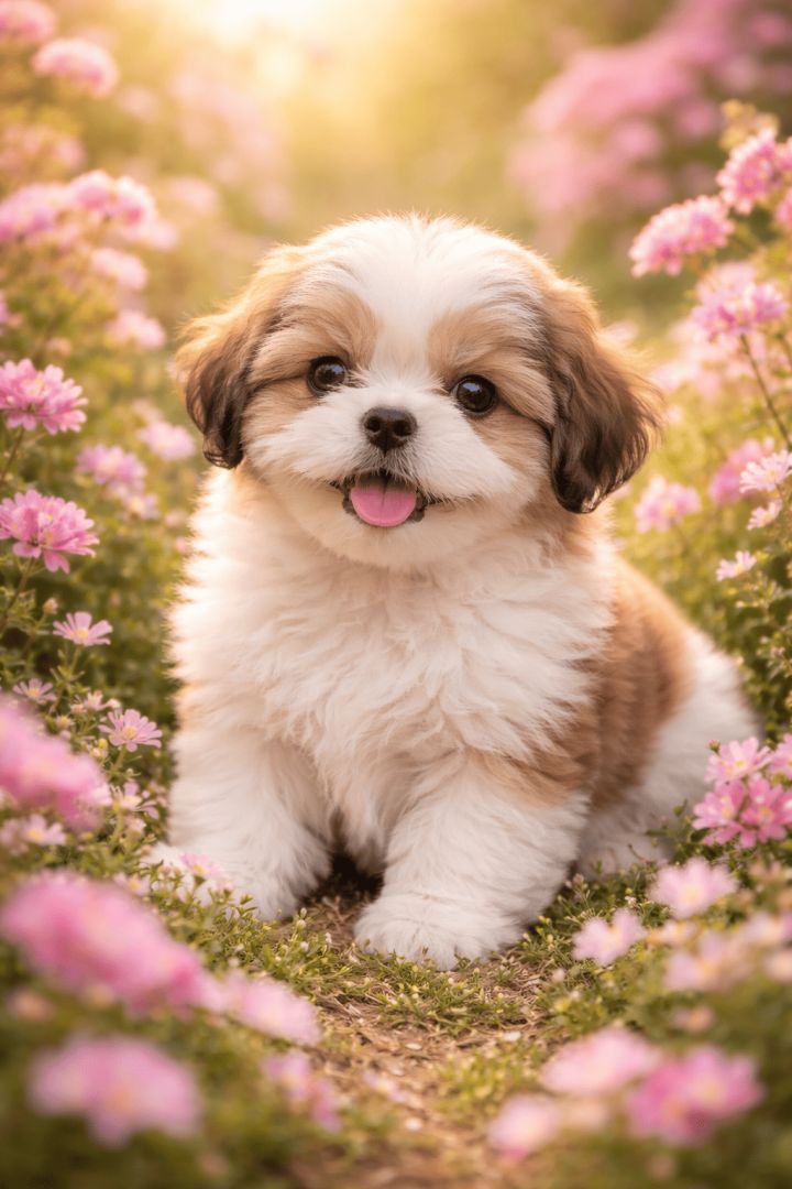 Cute Shih Tzu in blooming garden dog wallpaper