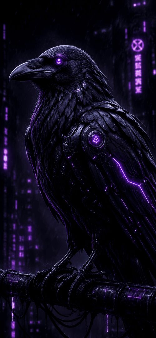 Cybernetic raven in neon rain wallpaper