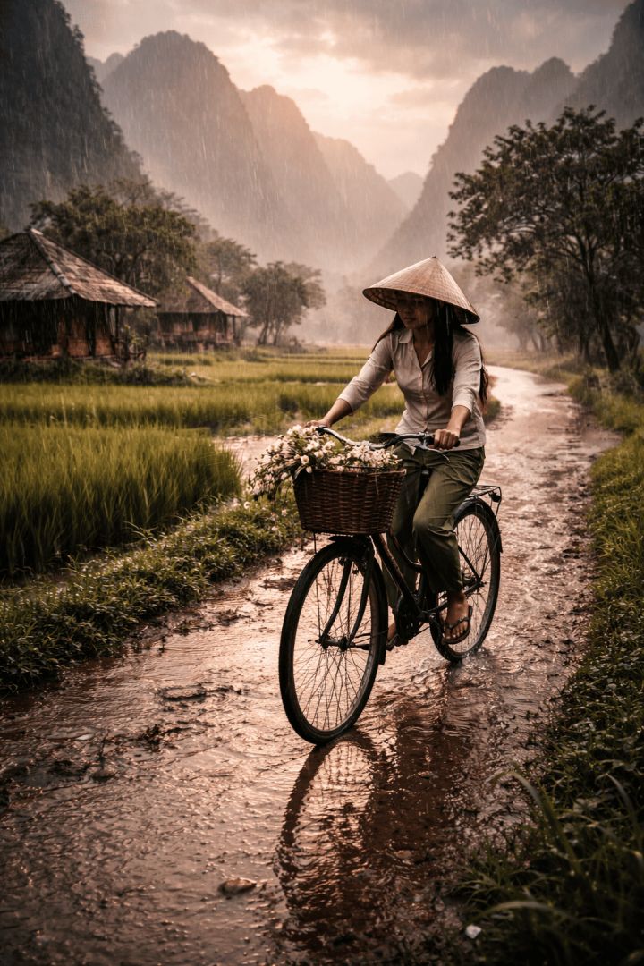 Cycling through the rainy countryside adventure wallpaper