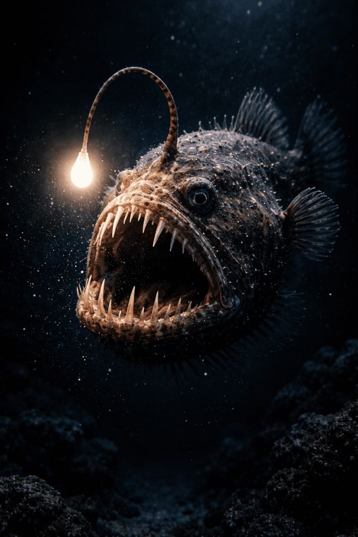 Deep-sea anglerfish with glowing lure aquatic animals wallpaper