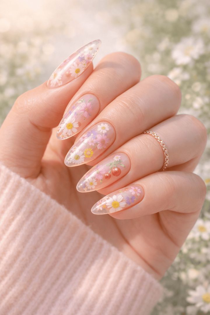 Delicate floral acrylic nails in sunlight spring nails wallpaper