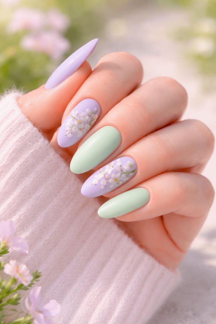 Delicate spring floral manicure close-up spring nails wallpaper