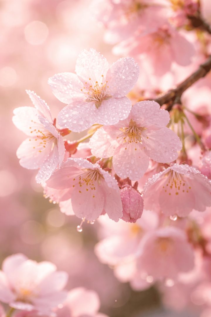 Dew-kissed cherry blossoms at dawn flowers wallpaper