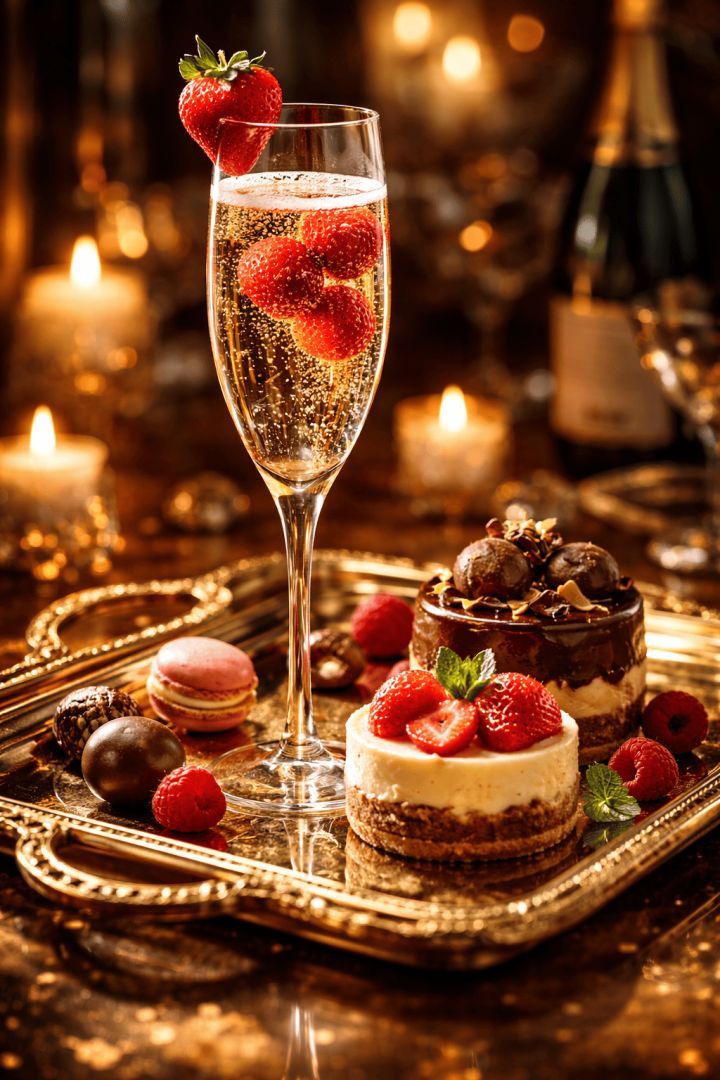 Elegant desserts with champagne and strawberries food wallpaper