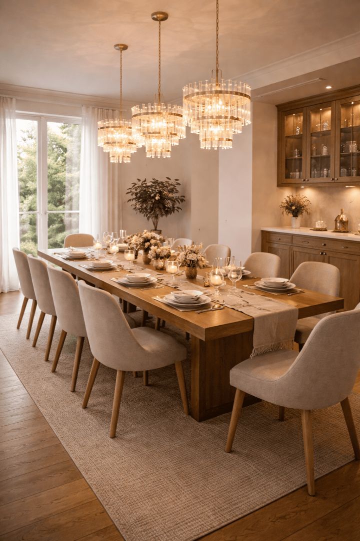 Elegant dining room with chandeliers calm wallpaper