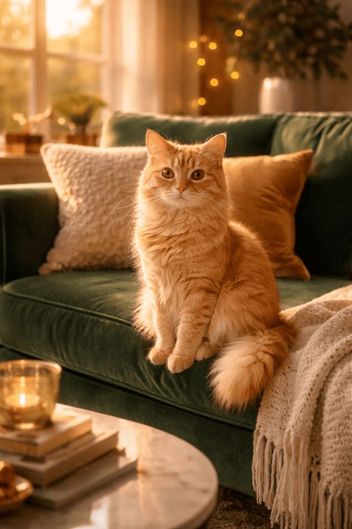 Elegant tabby on velvet sofa cat wallpaper