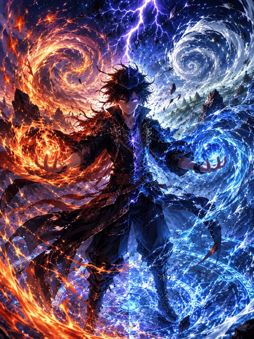 Elemental mage in cosmic battle anime wallpaper