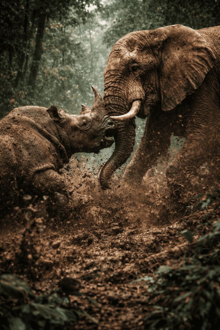 Elephant and rhino clash in jungle battle wild wallpaper