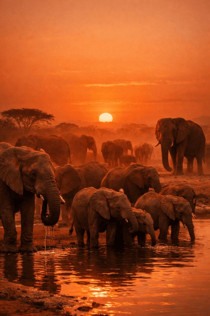 Elephants at sunset by the watering hole wild wallpaper