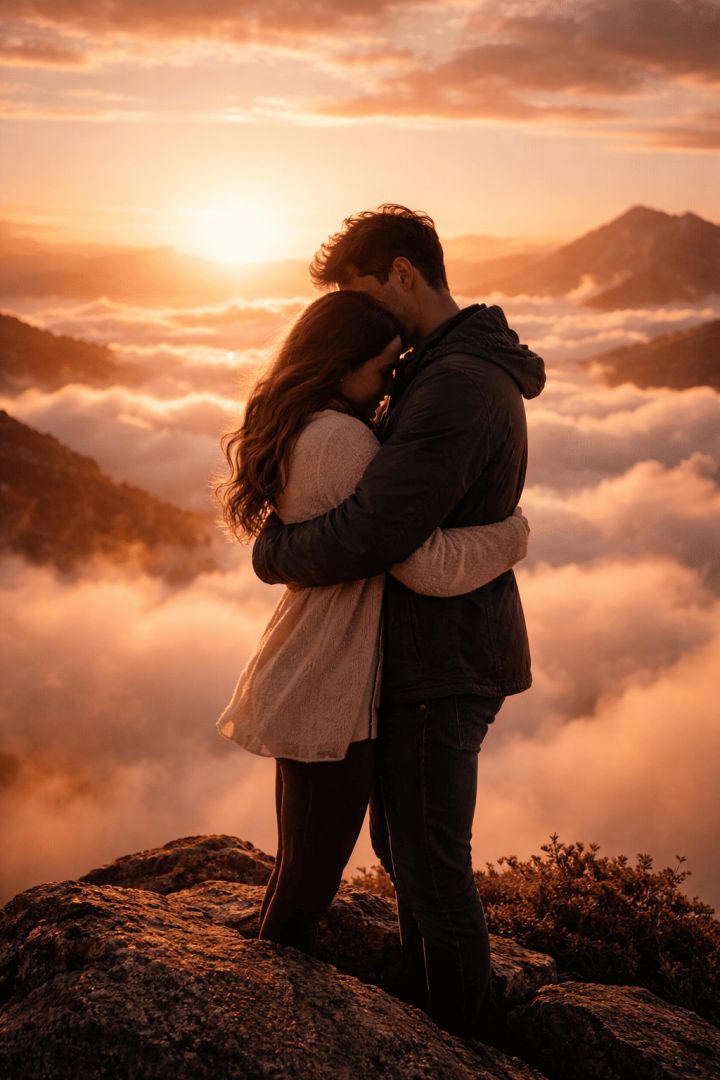 Embrace at sunrise on the peak love wallpaper