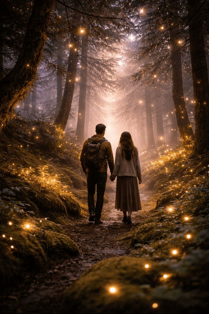 Enchanting walk through the glowing forest adventure wallpaper