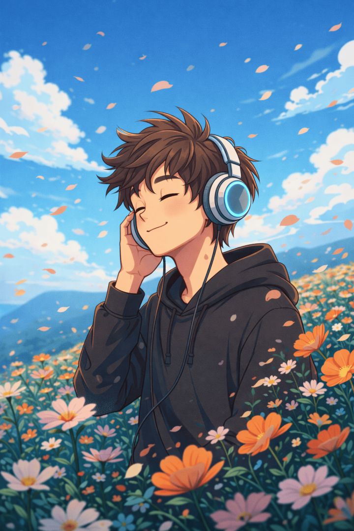 Enjoying music in a floral breeze music wallpaper