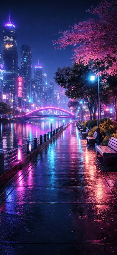 Neon Reflections on a Futuristic Promenade - Mobile iphone Wallpaper patakapix city wallpaper
