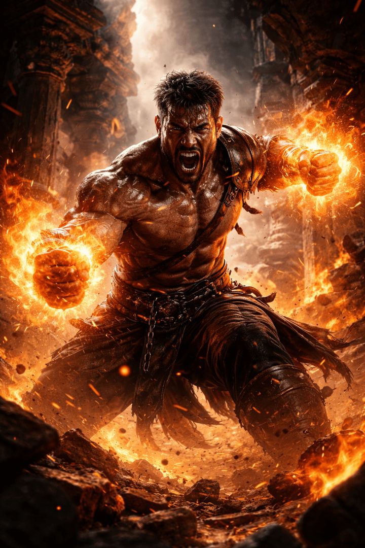 Fiery battle in ancient ruins game wallpaper