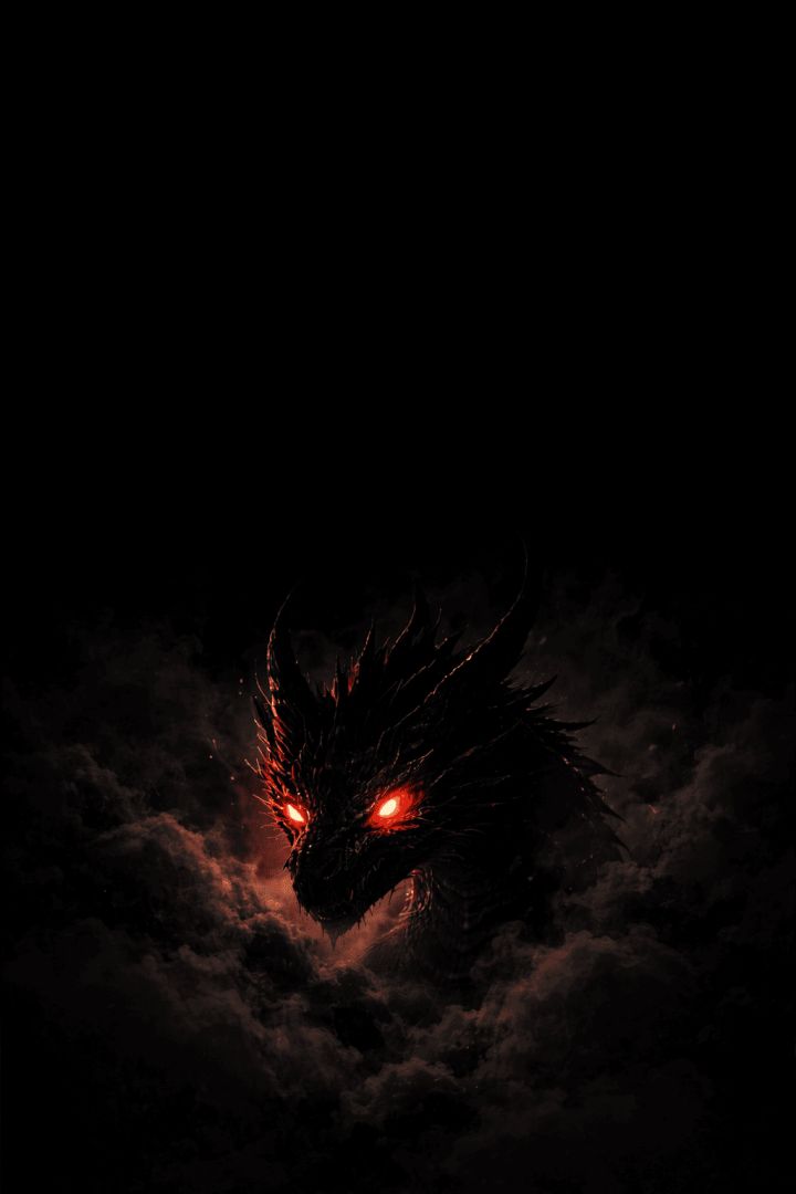 Fiery-eyed dragon in shadowy smoke mythic creature wallpaper