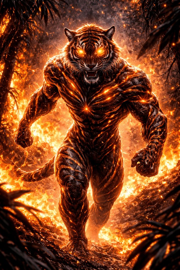 Fiery tiger strikes through burning jungle warrior wallpaper