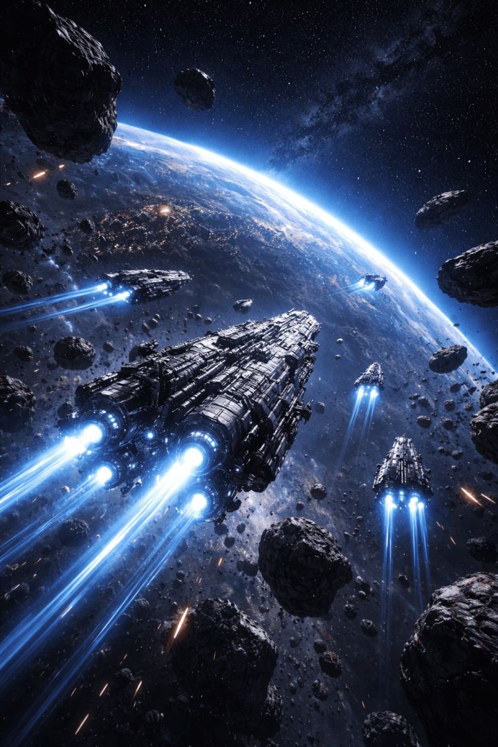 Fleet navigating asteroid field near Earth space wallpaper