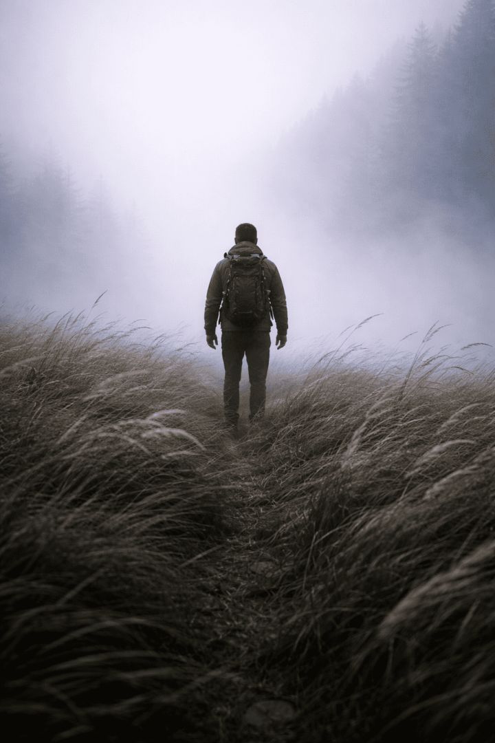 Foggy alpine solitude with a hiker hiking wallpaper
