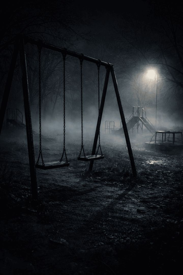 Foggy night at the old playground horror wallpaper
