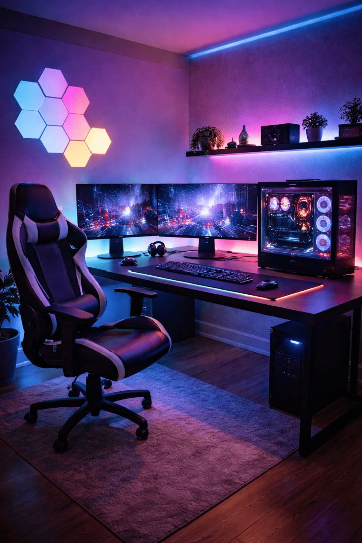 Futuristic gaming setup with RGB lights calm wallpaper