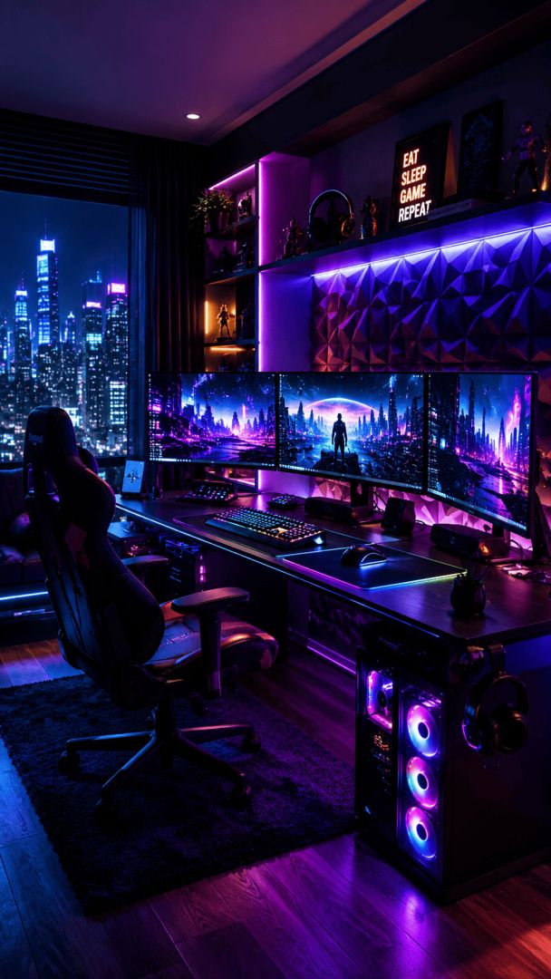 Futuristic neon gaming room setup game wallpaper