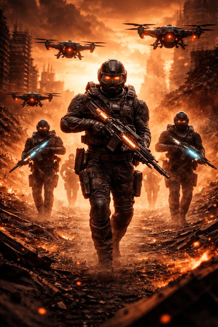 Futuristic soldiers in a ruined city game wallpaper