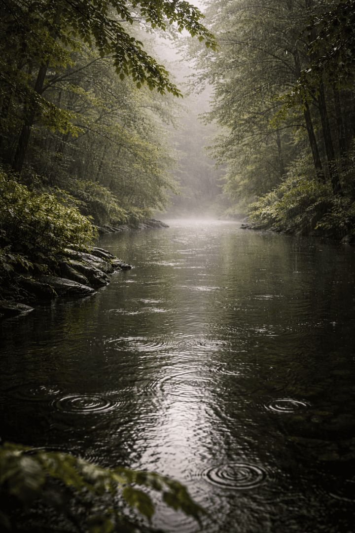 Gentle rainfall over a tranquil river rain wallpaper