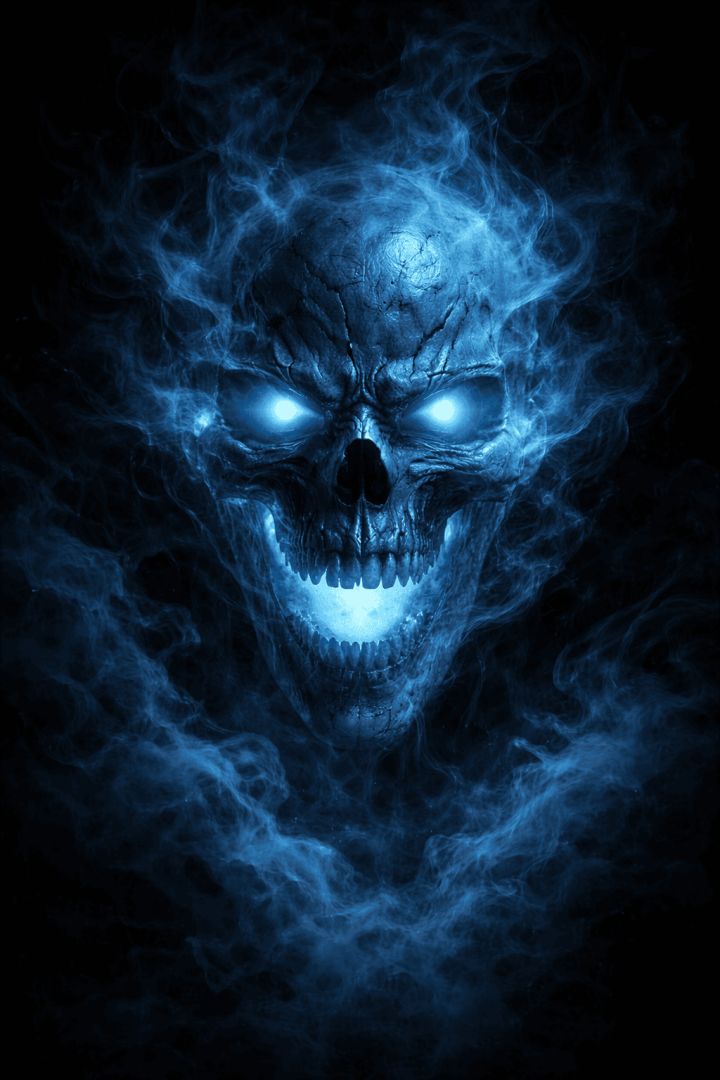 Glowing ghostly skull in dark mist horror wallpaper