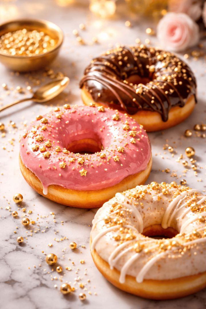 Golden donut delights on marble surface food wallpaper