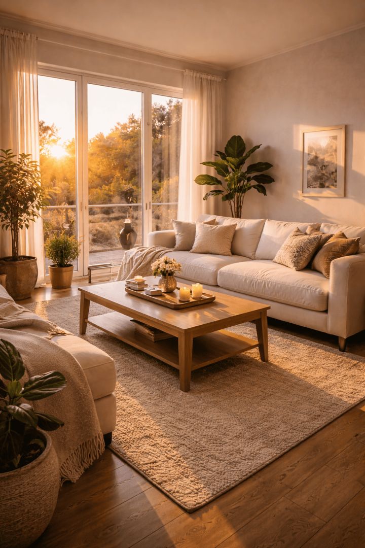 Golden hour in a cozy living room calm wallpaper