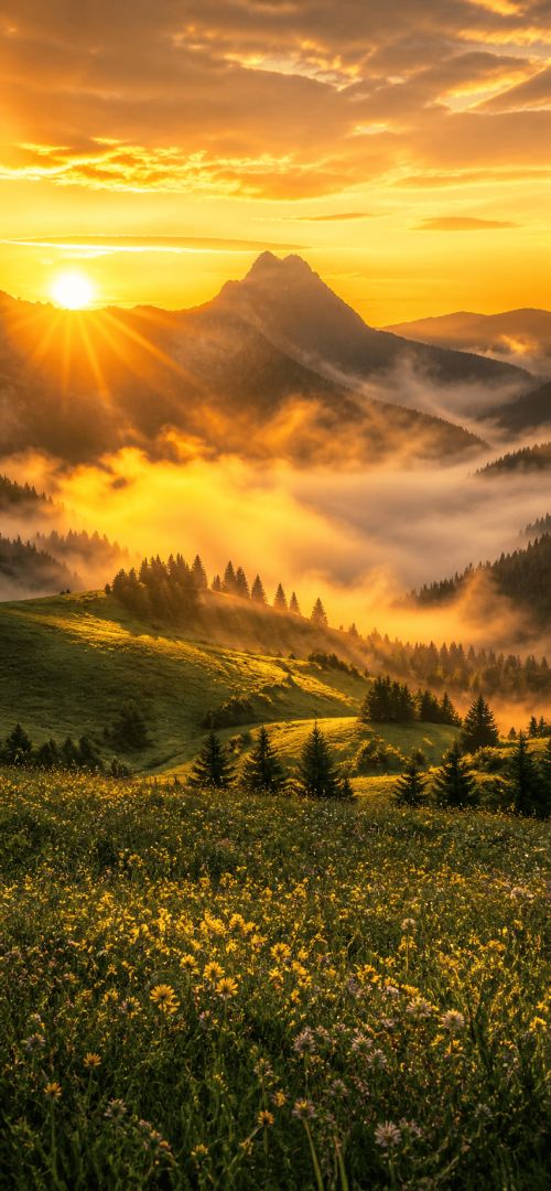 Golden hour over misty mountains nature wallpaper