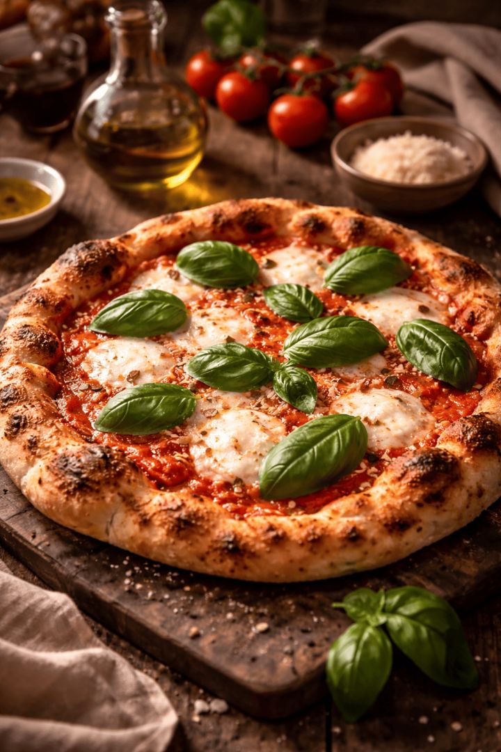 Golden Margherita pizza on wood food wallpaper
