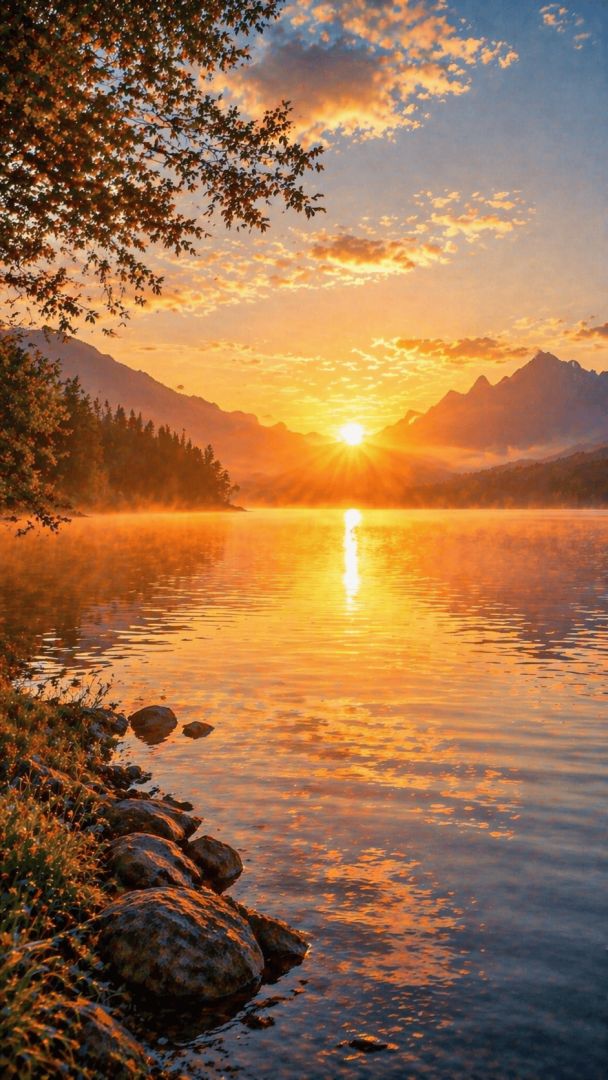 Golden sunrise over calm lake nature wallpaper